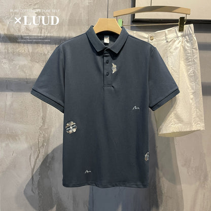 LUUD New Chinese style petal embroidery lapel POLO shirt men's literary style short-sleeved temperament slim fit Polo shirt top