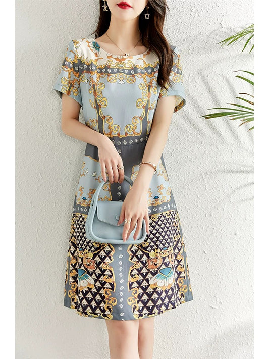 Retro printed dress for women summer 2024 new slim fit and elegant ethnic style high-end a-line mid-length skirt
