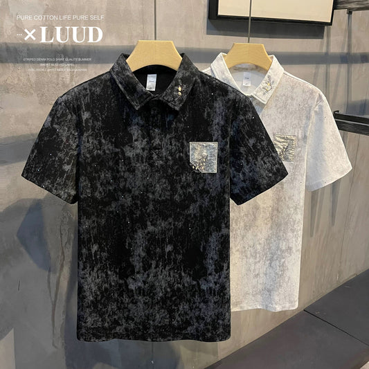 LUUD Gypsophila plum blossom embroidery embellished short-sleeved men's POLO shirt slim fit casual fashion patch polo shirt