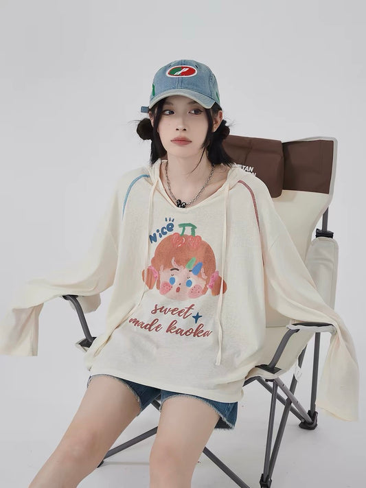 Chaochao Home Hooded Long-Sleeve T-Shirt Women's Summer Lightweight Lazy Style Air Conditioning Cover-Up Knitted Pure Dessert Sun Protection Top