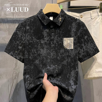 LUUD Gypsophila plum blossom embroidery embellished short-sleeved men's POLO shirt slim fit casual fashion patch polo shirt
