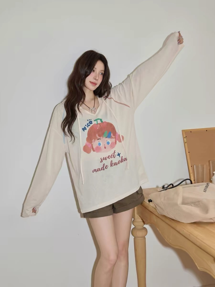 Chaochao Home Hooded Long-Sleeve T-Shirt Women's Summer Lightweight Lazy Style Air Conditioning Cover-Up Knitted Pure Dessert Sun Protection Top