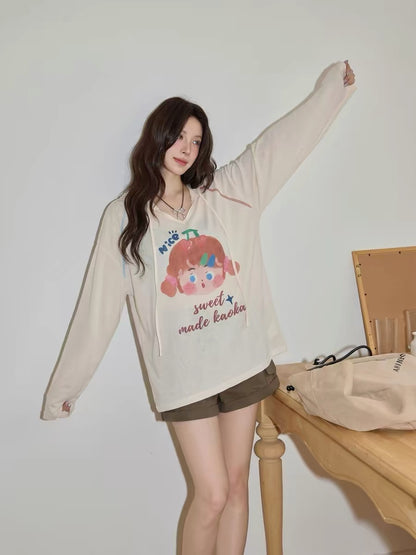 Chaochao Home Hooded Long-Sleeve T-Shirt Women's Summer Lightweight Lazy Style Air Conditioning Cover-Up Knitted Pure Dessert Sun Protection Top
