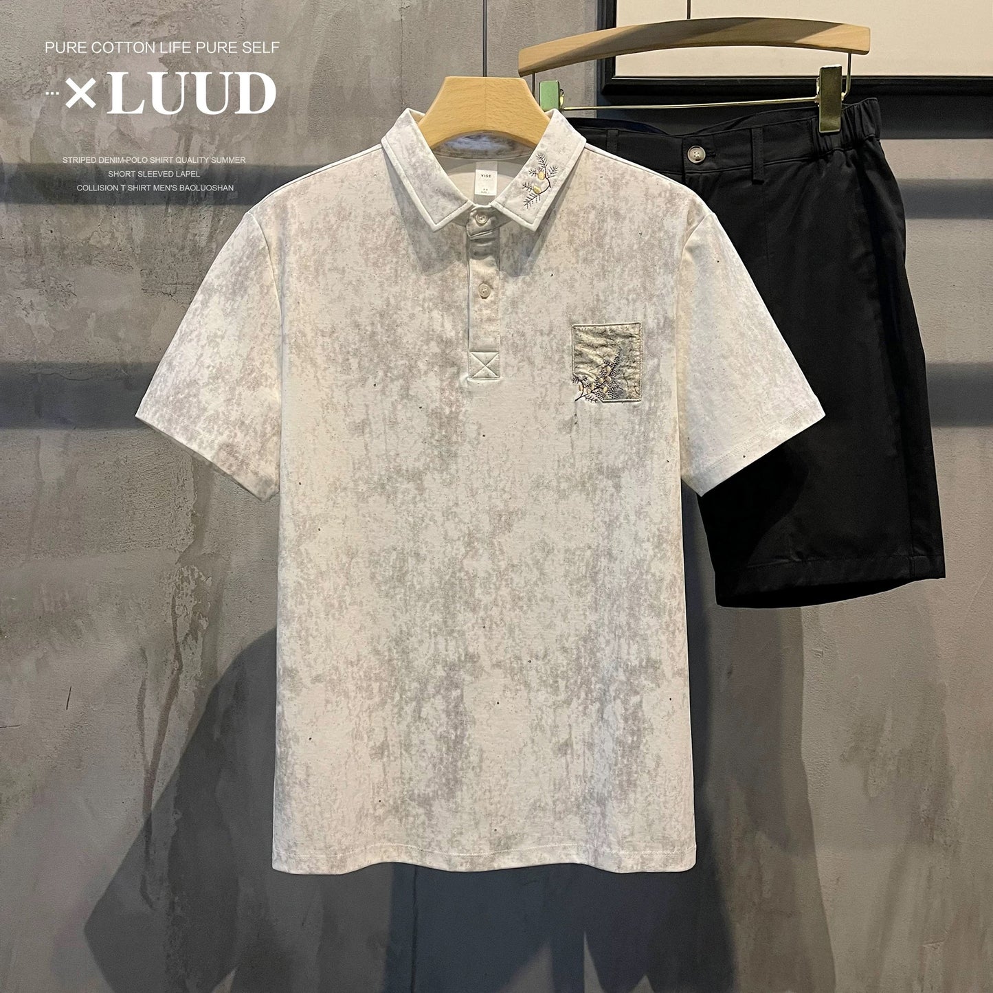 LUUD Gypsophila plum blossom embroidery embellished short-sleeved men's POLO shirt slim fit casual fashion patch polo shirt