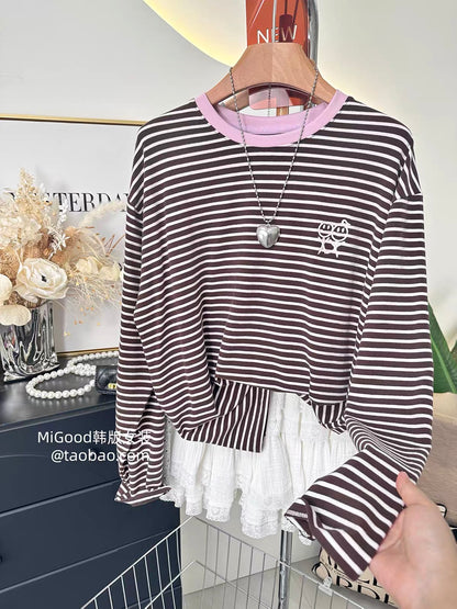 Autumn "Dopamine" Style: Trendy Korean-style loose-fit, slimming long-sleeve striped T-shirt for women, featuring versatile cartoon embroidery.