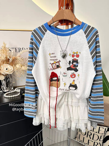 Highly Recommended: A stylish, trendy Korean-style striped T-shirt for women—featuring a loose, slimming fit, raglan sleeves, and a cat print with bead embellishments. Perfect for autumn.