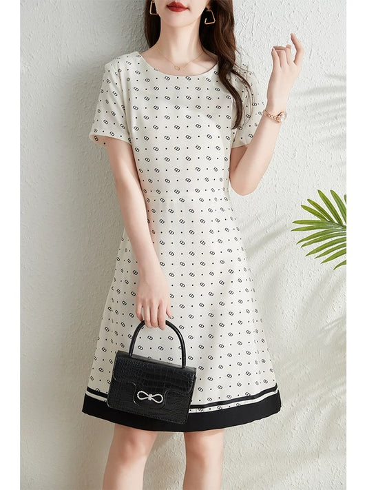Fashion printed short-sleeved dress for women summer 2024 new French style waist slimming elegant polka dot a-line skirt
