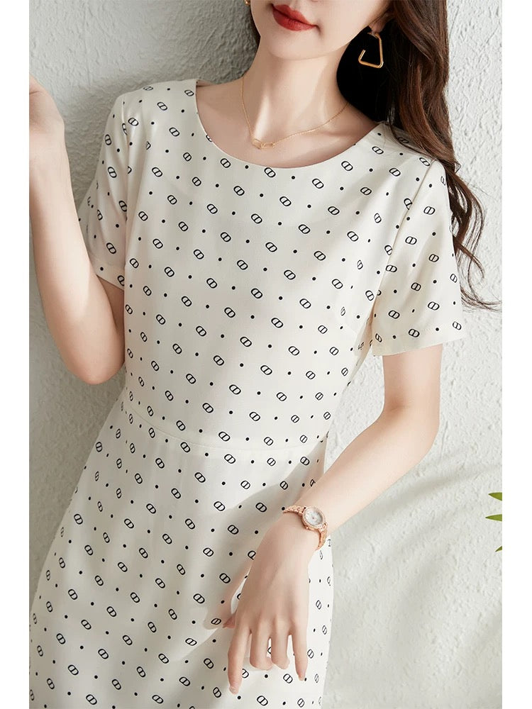 Fashion printed short-sleeved dress for women summer 2024 new French style waist slimming elegant polka dot a-line skirt