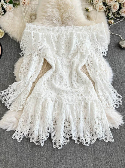 French-style crocheted openwork off-shoulder dress for women, summer elegant style, irregular ruffled short skirt