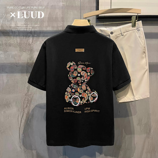 LUUD trendy handsome abstract bear print lapel POLO shirt men's retro breathable pique cotton short-sleeved top