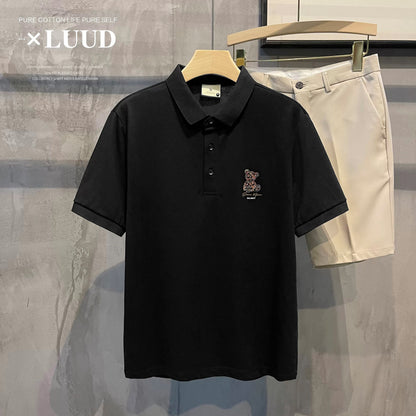 LUUD trendy handsome abstract bear print lapel POLO shirt men's retro breathable pique cotton short-sleeved top