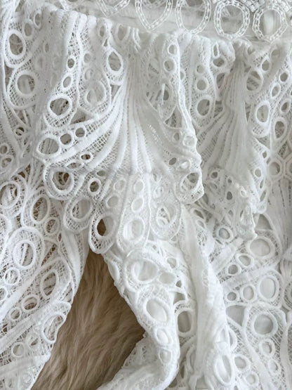 French-style crocheted openwork off-shoulder dress for women, summer elegant style, irregular ruffled short skirt