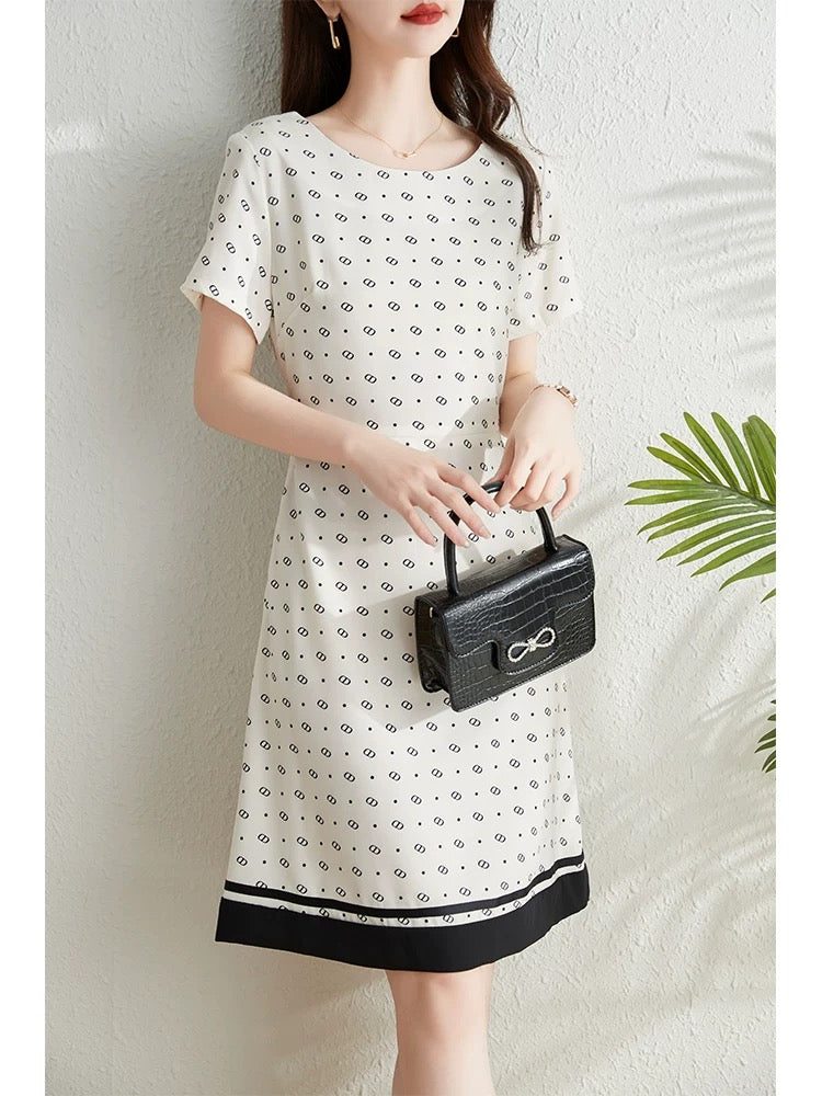 Fashion printed short-sleeved dress for women summer 2024 new French style waist slimming elegant polka dot a-line skirt