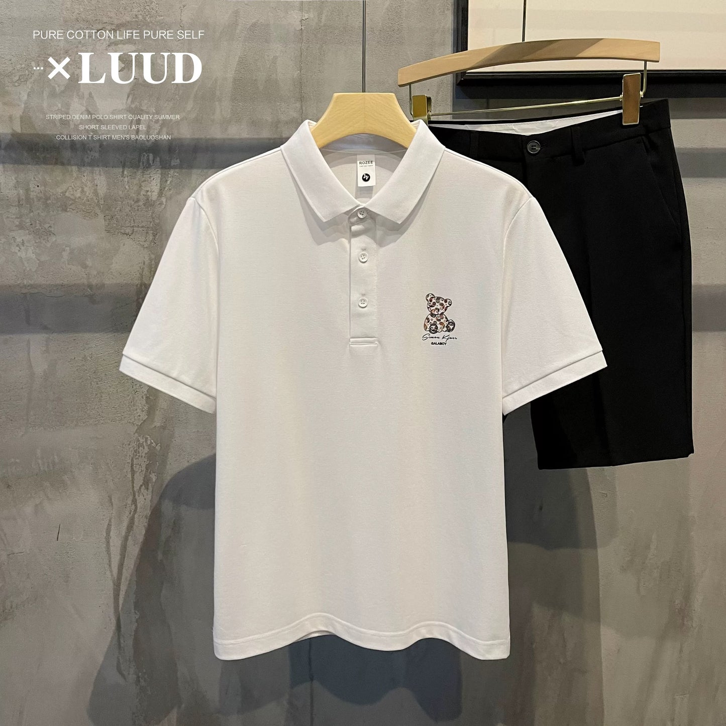 LUUD trendy handsome abstract bear print lapel POLO shirt men's retro breathable pique cotton short-sleeved top