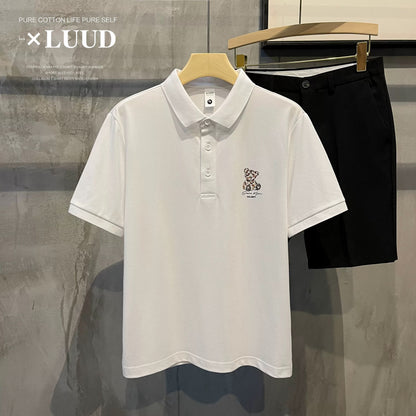LUUD trendy handsome abstract bear print lapel POLO shirt men's retro breathable pique cotton short-sleeved top