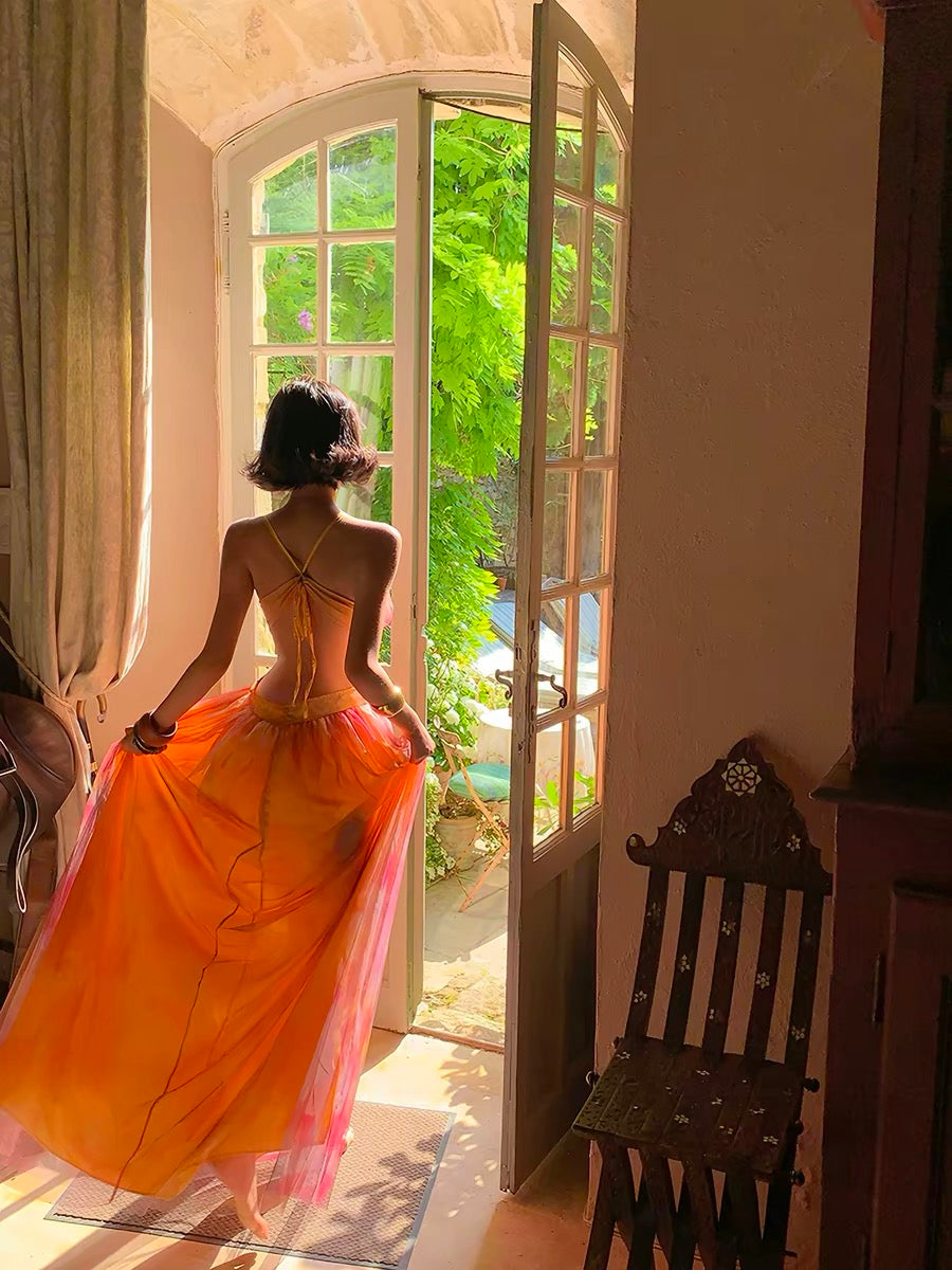 Island Shop Monet Garden Orange Floral Print Fairy Pure and Alluring Long Slimming Tulle Dress