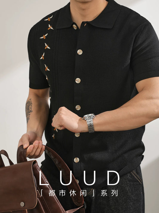 LUUD Little Bee Embroidered Knitted Polo Shirt Men's Summer Design Cardigan T-shirt Light Luxury Lapel Short Sleeve Shirt