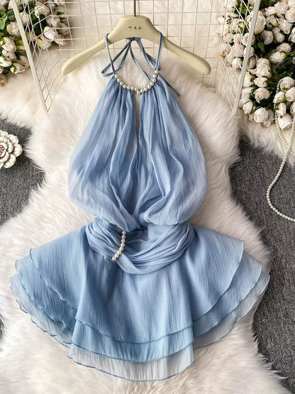 2025 Spring/Summer New Arrival Halter Neck Backless Textured Ruffled Puff Dress Waist Tie-Waist Sweet Resort Style Short Skirt