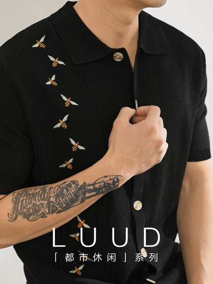 LUUD Little Bee Embroidered Knitted Polo Shirt Men's Summer Design Cardigan T-shirt Light Luxury Lapel Short Sleeve Shirt