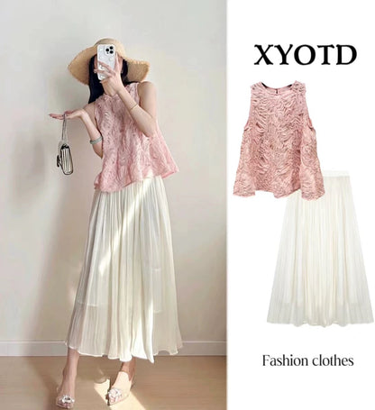 Pink heavy stitching vest sleeveless loose A-line Western-style top + loose slim skirt two-piece suit for women