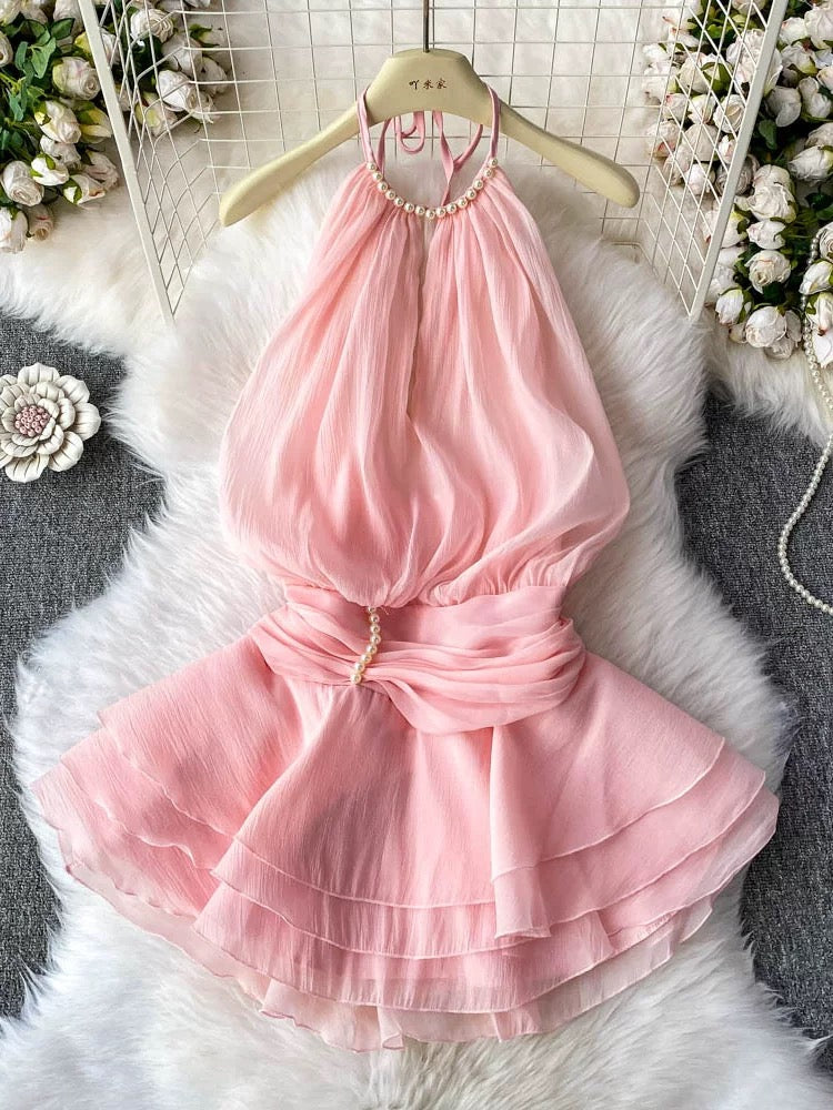2025 Spring/Summer New Arrival Halter Neck Backless Textured Ruffled Puff Dress Waist Tie-Waist Sweet Resort Style Short Skirt