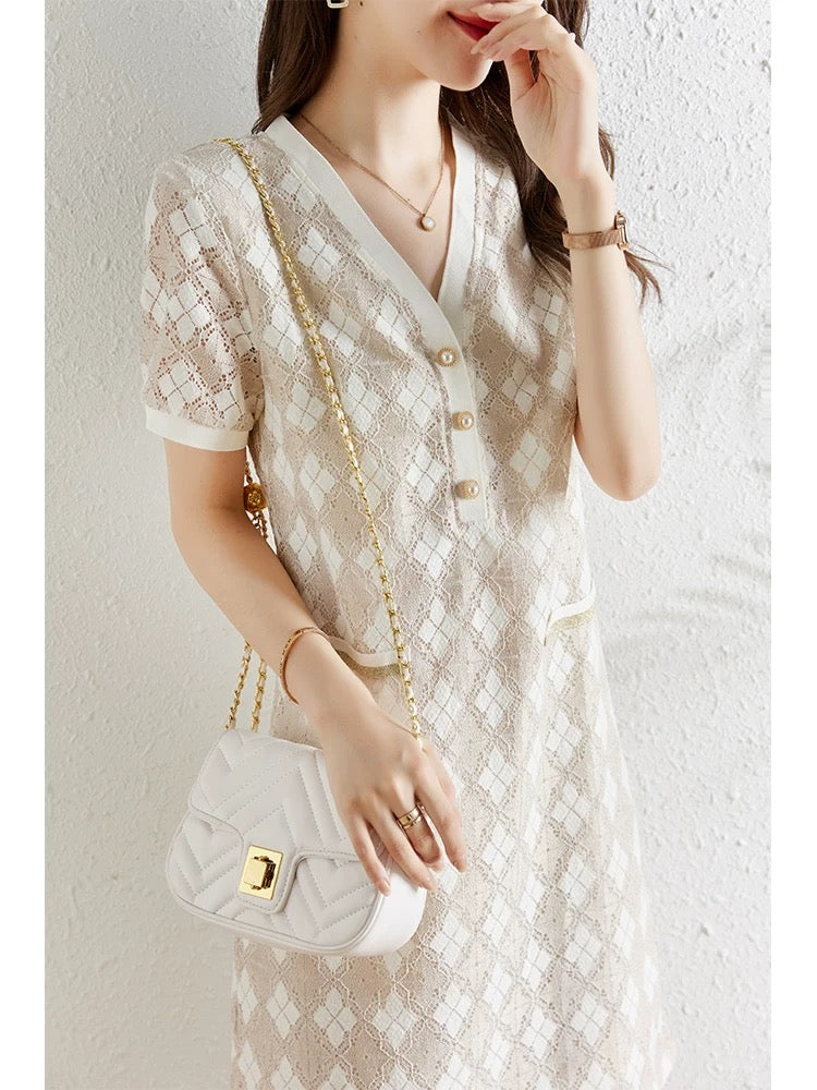 Elegant V-neck lace dress for women summer 2024 new loose and slim plaid OL straight lace dress