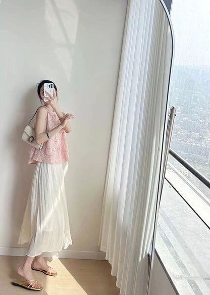 Pink heavy stitching vest sleeveless loose A-line Western-style top + loose slim skirt two-piece suit for women