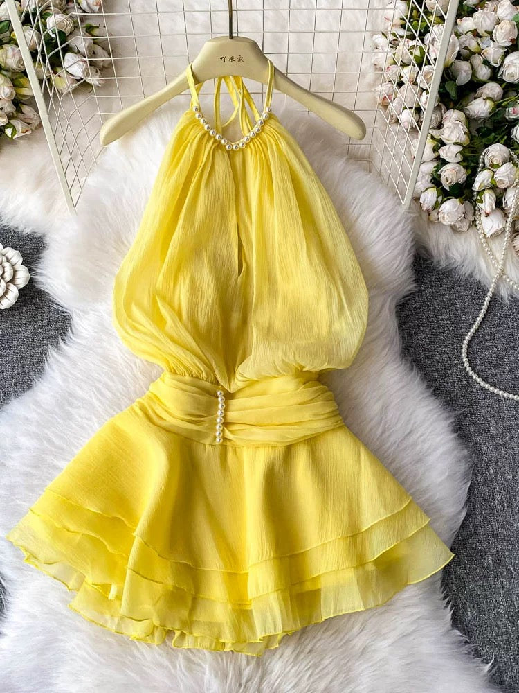 2025 Spring/Summer New Arrival Halter Neck Backless Textured Ruffled Puff Dress Waist Tie-Waist Sweet Resort Style Short Skirt