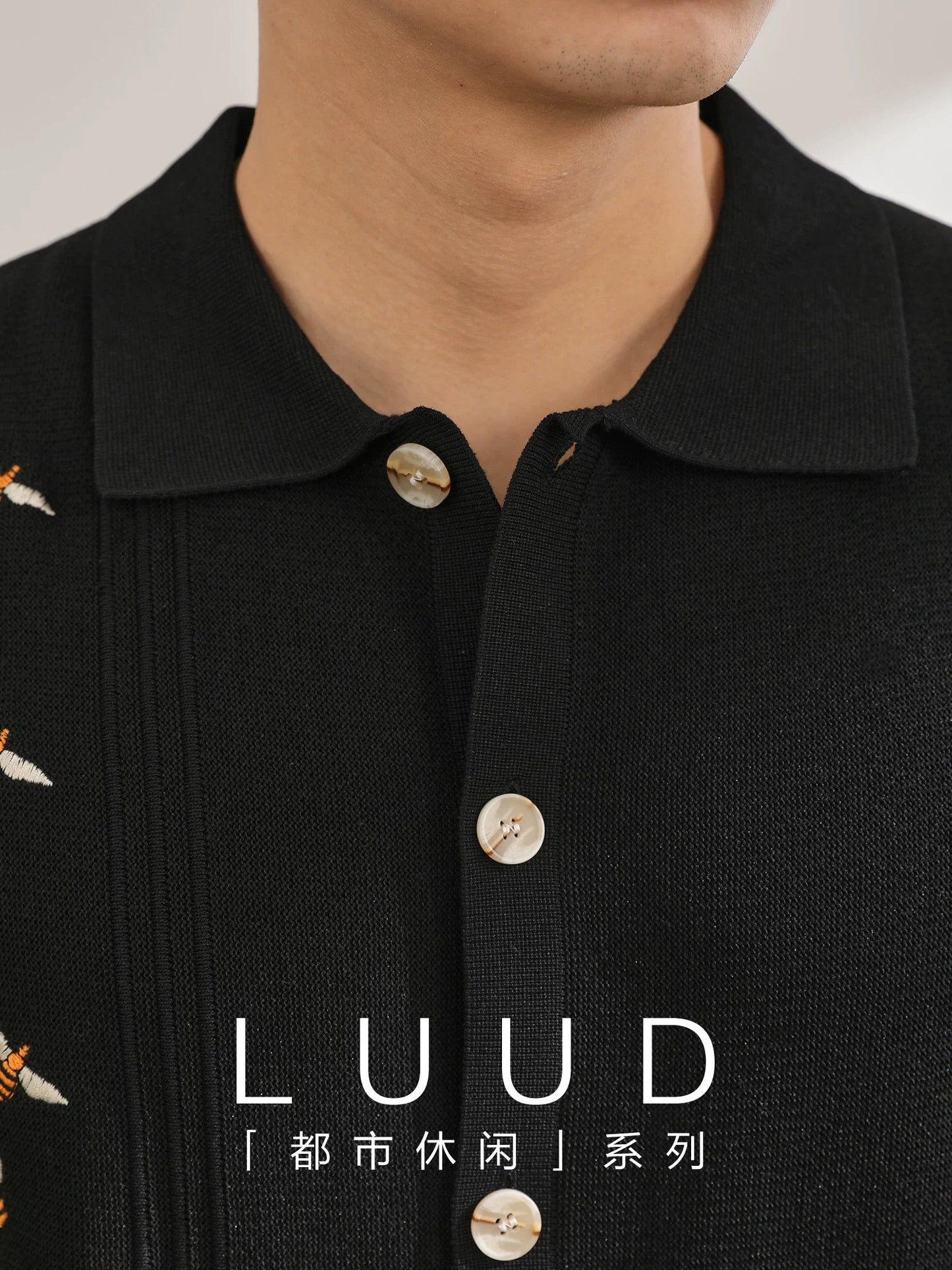 LUUD Little Bee Embroidered Knitted Polo Shirt Men's Summer Design Cardigan T-shirt Light Luxury Lapel Short Sleeve Shirt