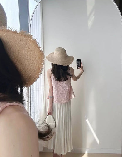 Pink heavy stitching vest sleeveless loose A-line Western-style top + loose slim skirt two-piece suit for women