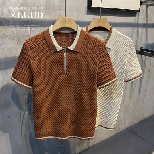 LUUD Men's Trendy Colorblock Cool Silk POLO Shirt Summer Grid Texture Slim Short Sleeve Breathable Thin Top
