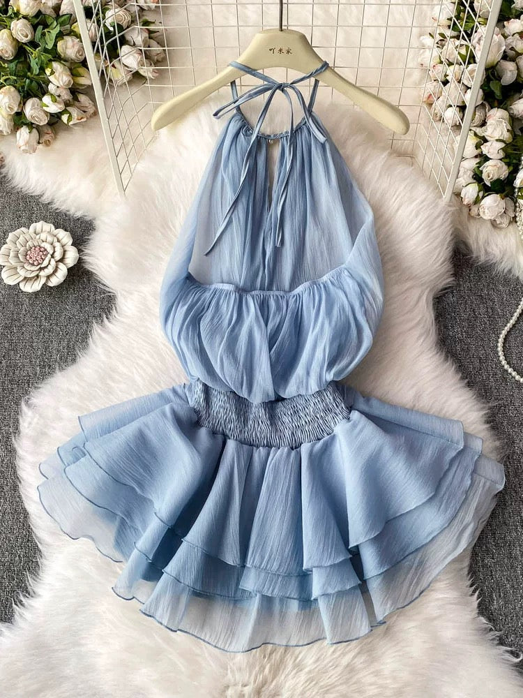 2025 Spring/Summer New Arrival Halter Neck Backless Textured Ruffled Puff Dress Waist Tie-Waist Sweet Resort Style Short Skirt