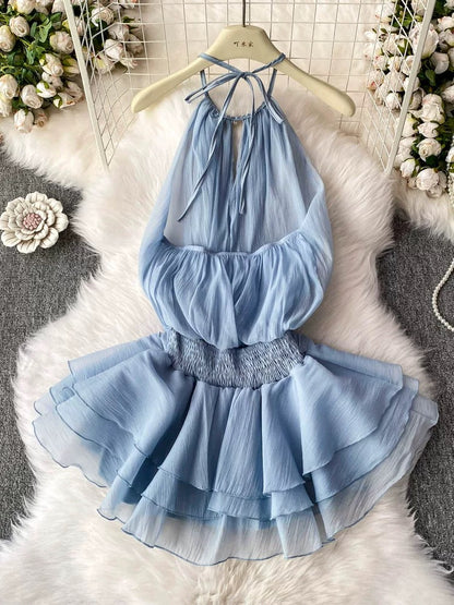2025 Spring/Summer New Arrival Halter Neck Backless Textured Ruffled Puff Dress Waist Tie-Waist Sweet Resort Style Short Skirt