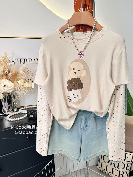 Autumn 2026 New Korean-Style "Fake Two-Piece" Long-Sleeve T-Shirt for Women – Puppy Print & Polka Dots, Stretchy Casual Cropped Top