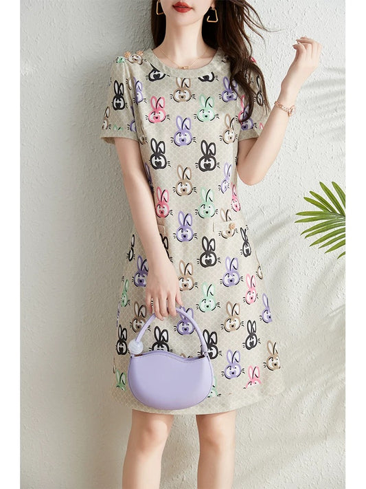 Fashionable Western Printed Dress Women's Summer 2024 New French Style Round Neck Temperament Age-Reducing Belly Covering Slimming A-Line Skirt
