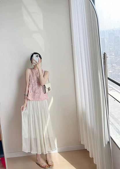 Pink heavy stitching vest sleeveless loose A-line Western-style top + loose slim skirt two-piece suit for women