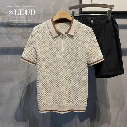 LUUD Men's Trendy Colorblock Cool Silk POLO Shirt Summer Grid Texture Slim Short Sleeve Breathable Thin Top