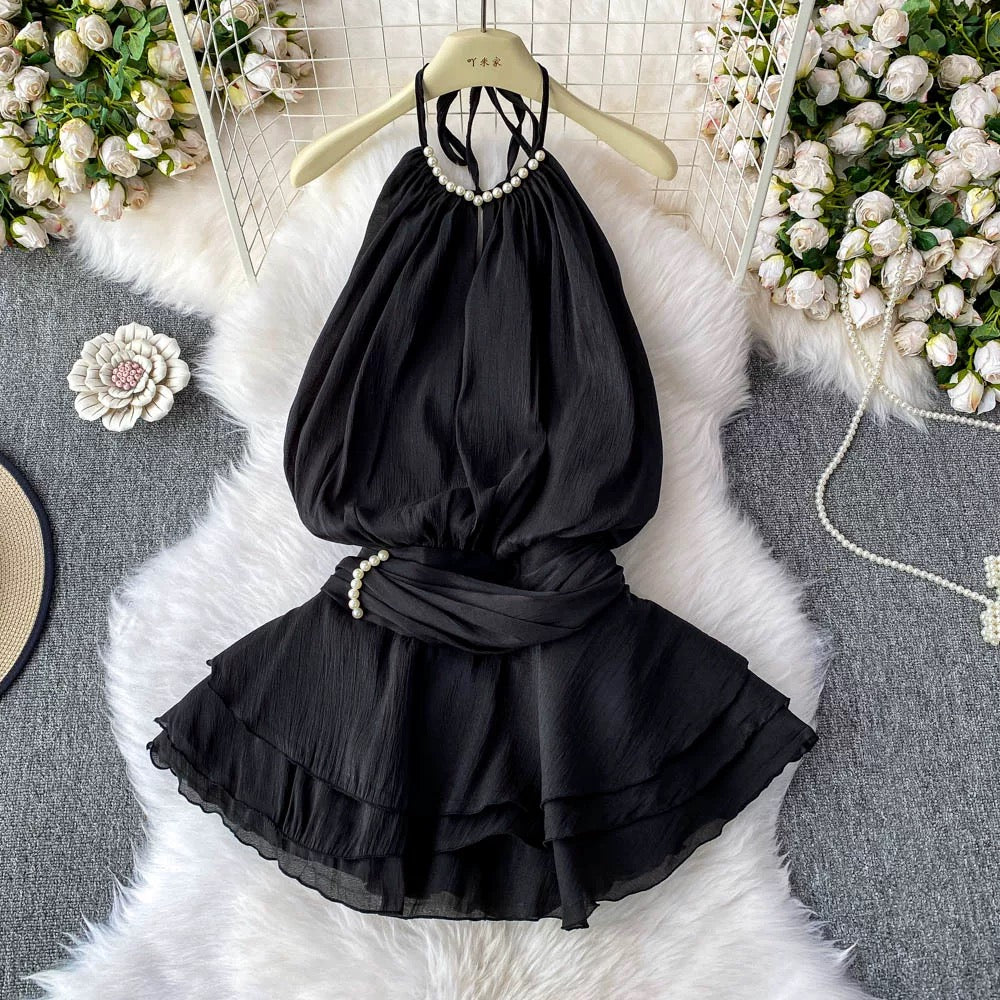 2025 Spring/Summer New Arrival Halter Neck Backless Textured Ruffled Puff Dress Waist Tie-Waist Sweet Resort Style Short Skirt