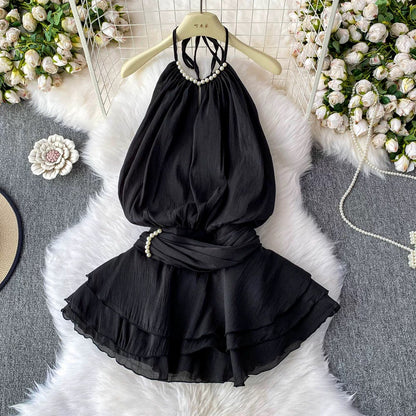 2025 Spring/Summer New Arrival Halter Neck Backless Textured Ruffled Puff Dress Waist Tie-Waist Sweet Resort Style Short Skirt