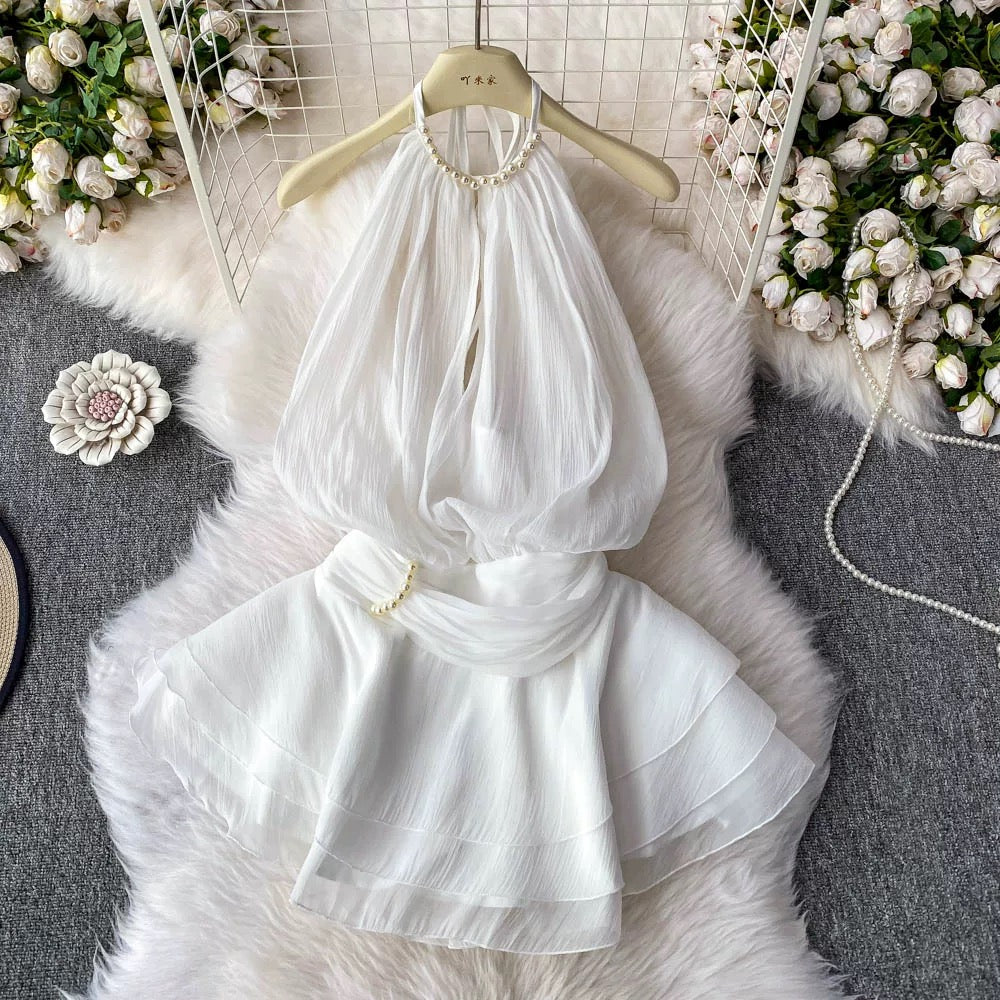 2025 Spring/Summer New Arrival Halter Neck Backless Textured Ruffled Puff Dress Waist Tie-Waist Sweet Resort Style Short Skirt