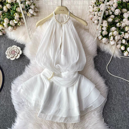 2025 Spring/Summer New Arrival Halter Neck Backless Textured Ruffled Puff Dress Waist Tie-Waist Sweet Resort Style Short Skirt