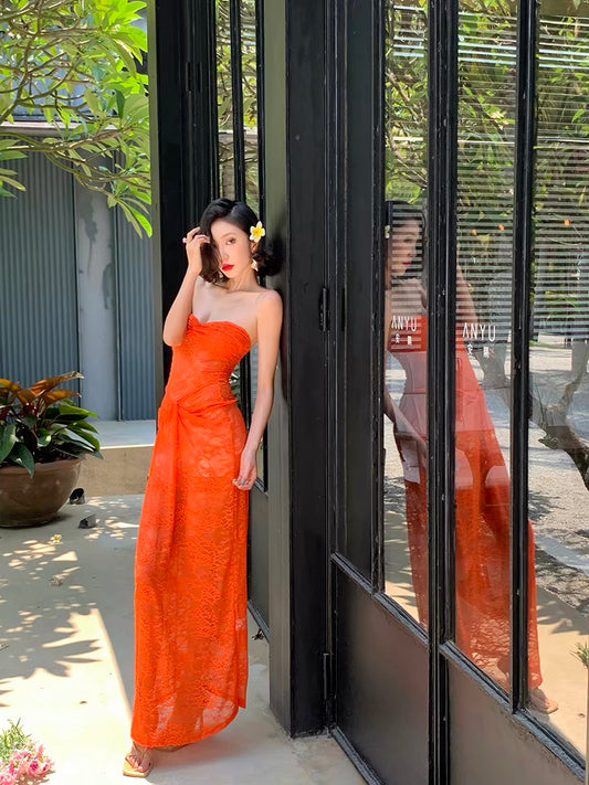Island Shop Orange Hollow Lace Bodycon Ruffled Strapless Sexy Long Dress
