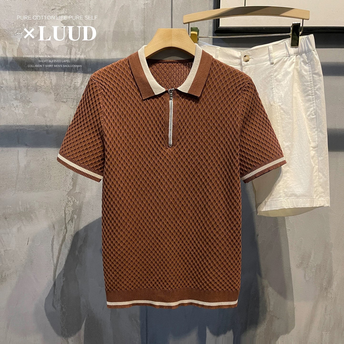 LUUD Men's Trendy Colorblock Cool Silk POLO Shirt Summer Grid Texture Slim Short Sleeve Breathable Thin Top