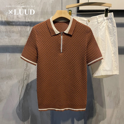 LUUD Men's Trendy Colorblock Cool Silk POLO Shirt Summer Grid Texture Slim Short Sleeve Breathable Thin Top