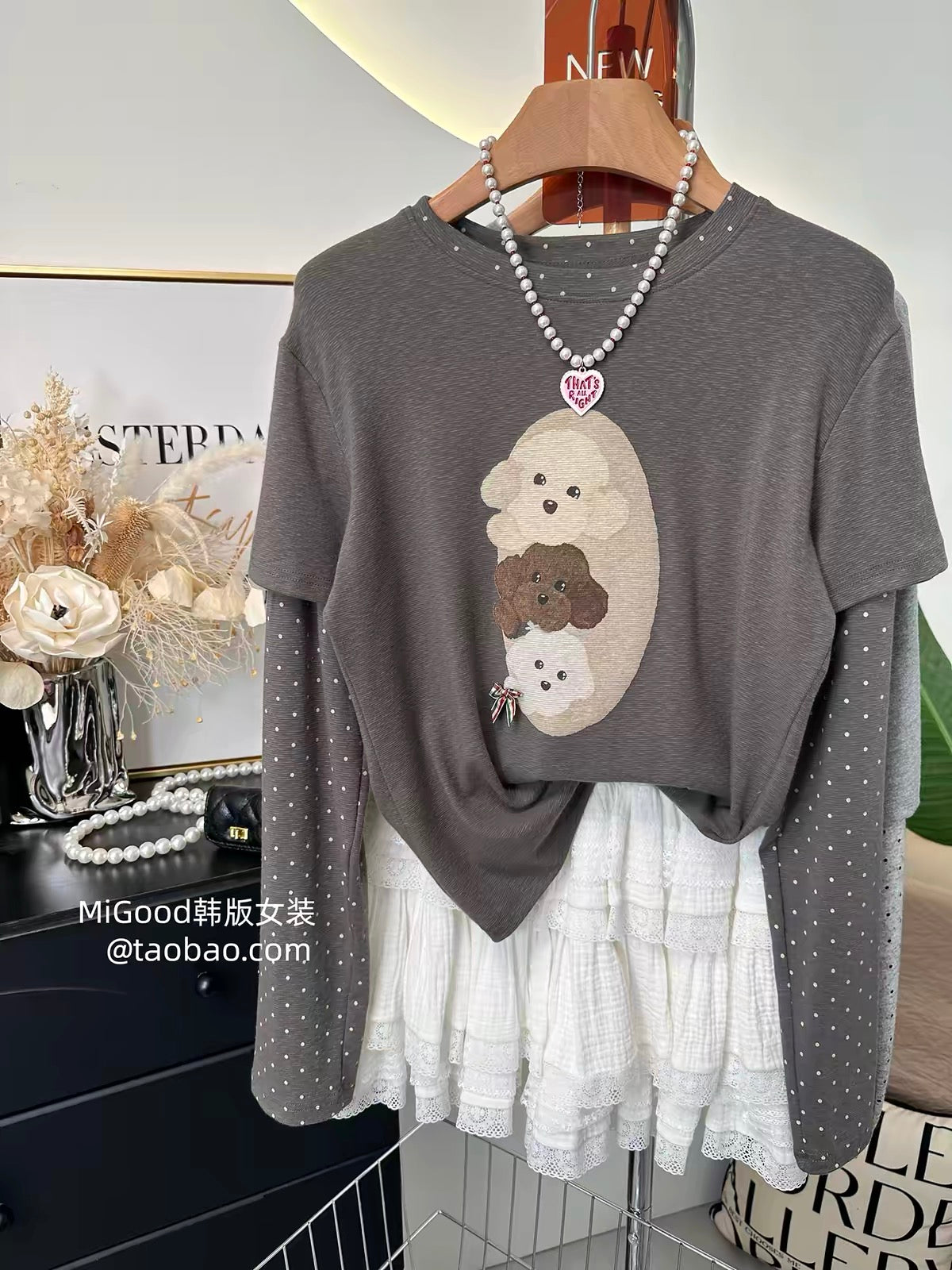 Autumn 2026 New Korean-Style "Fake Two-Piece" Long-Sleeve T-Shirt for Women – Puppy Print & Polka Dots, Stretchy Casual Cropped Top