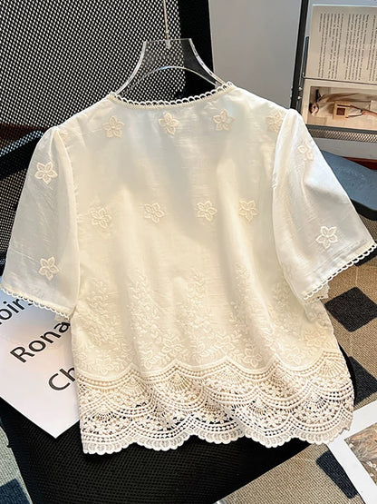 Self-retained model recommendation ~ 2025 summer new V-neck lace embroidered short-sleeved shirt female design sense versatile temperament top