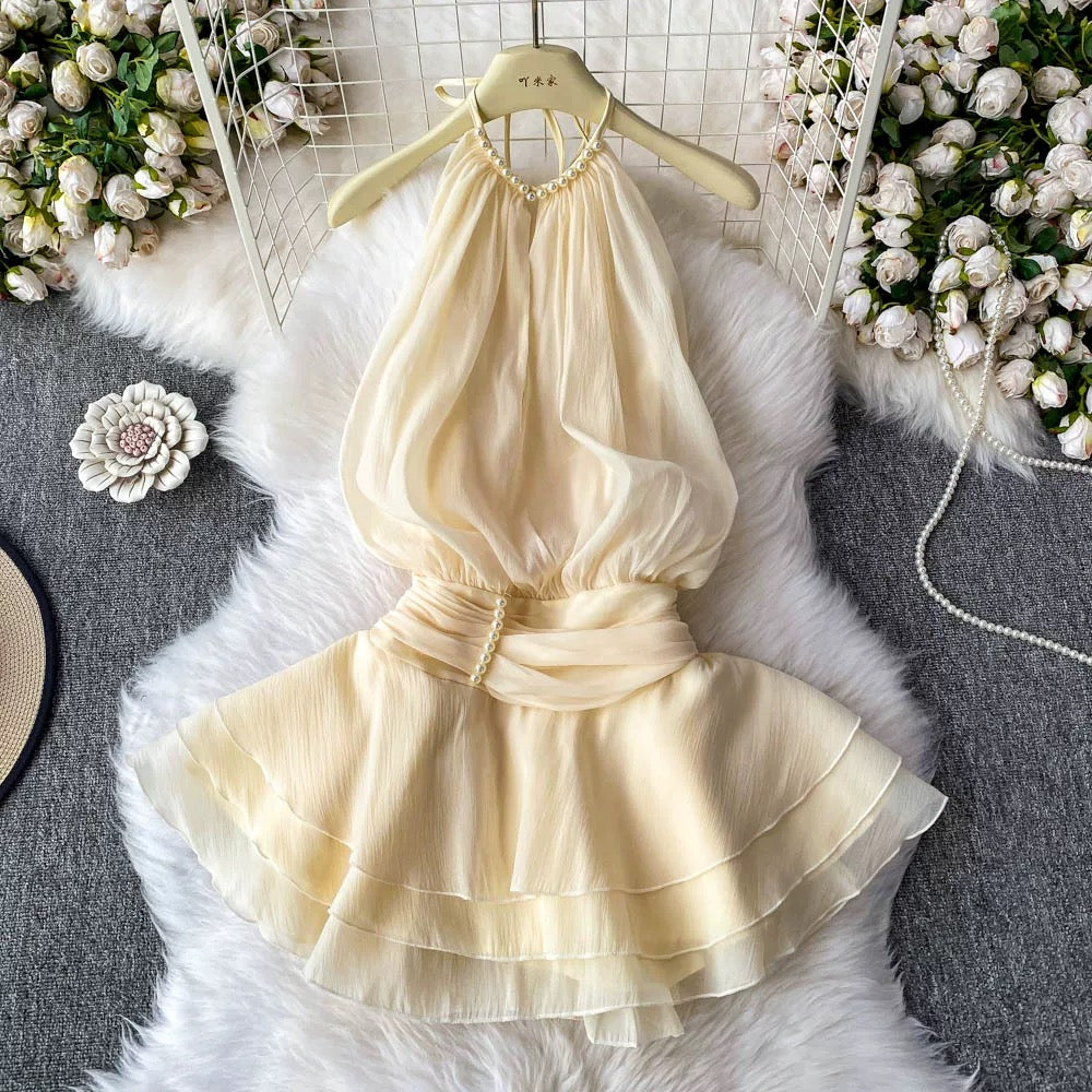 2025 Spring/Summer New Arrival Halter Neck Backless Textured Ruffled Puff Dress Waist Tie-Waist Sweet Resort Style Short Skirt