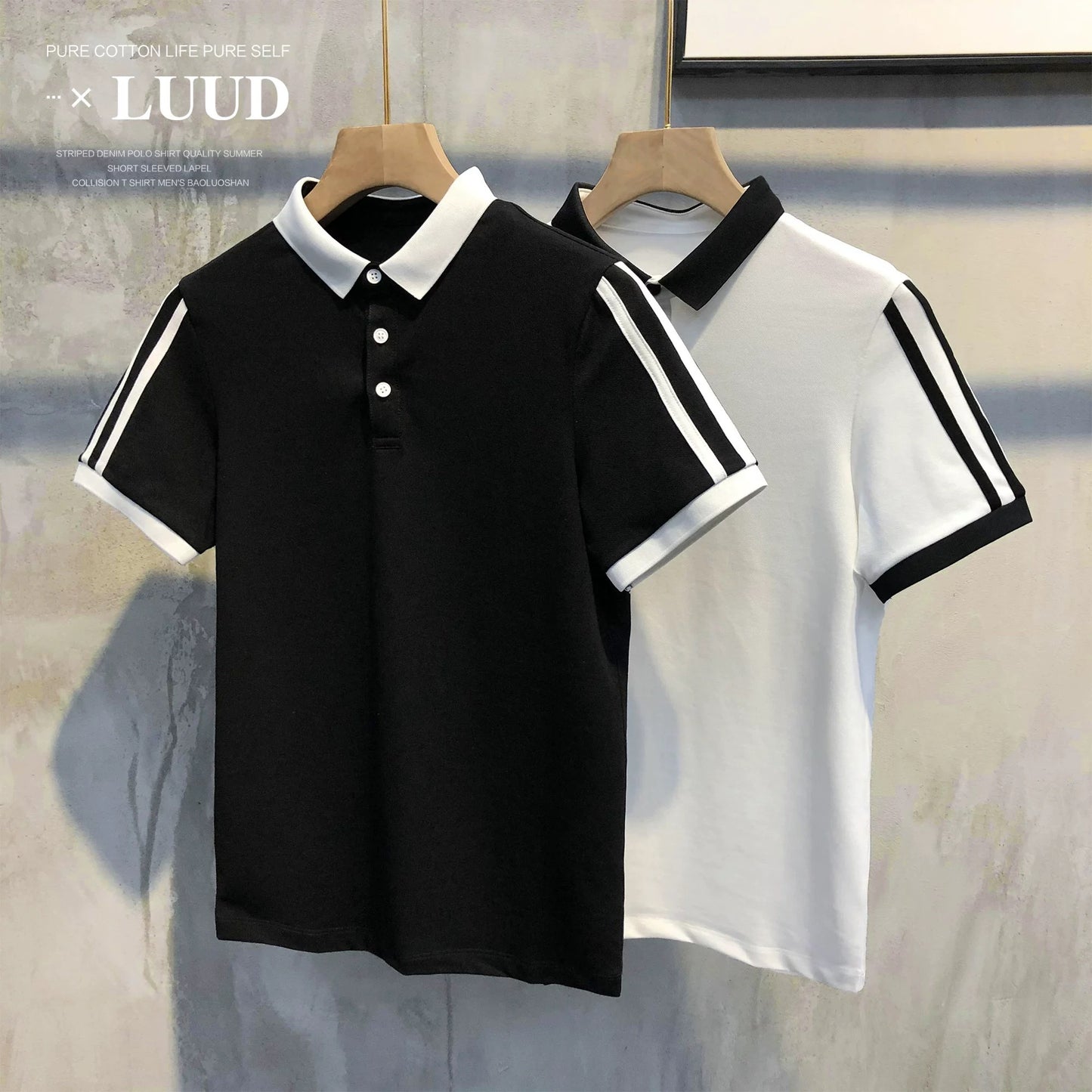LUUD new double shoulder color matching lapel POLO shirt trendy men's retro slim short-sleeved T-shirt casual men's top trend