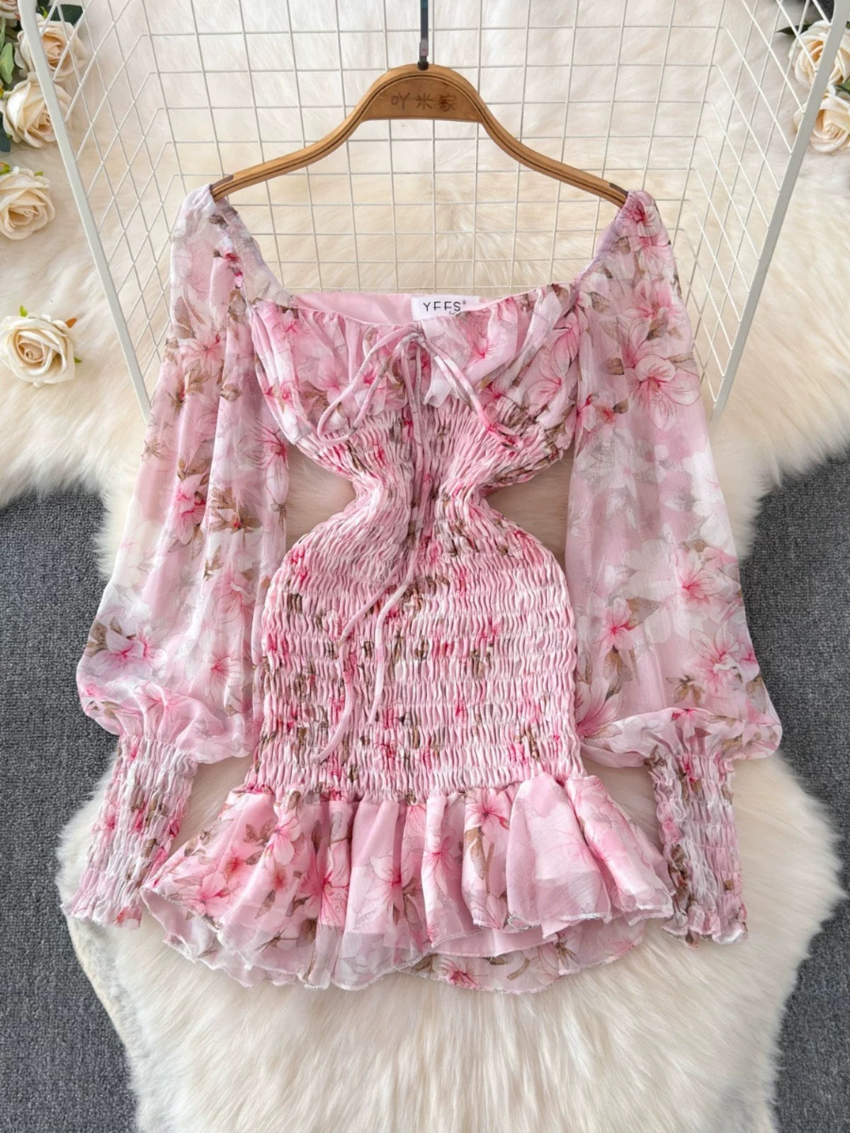 Early autumn chiffon floral print dress, long sleeves, French retro sweet ruffled fishtail skirt, bodycon mini skirt