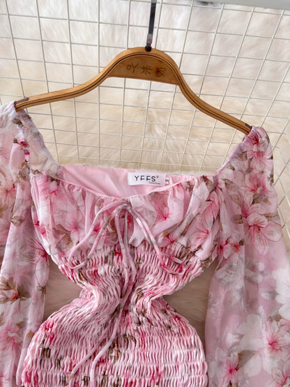 Early autumn chiffon floral print dress, long sleeves, French retro sweet ruffled fishtail skirt, bodycon mini skirt